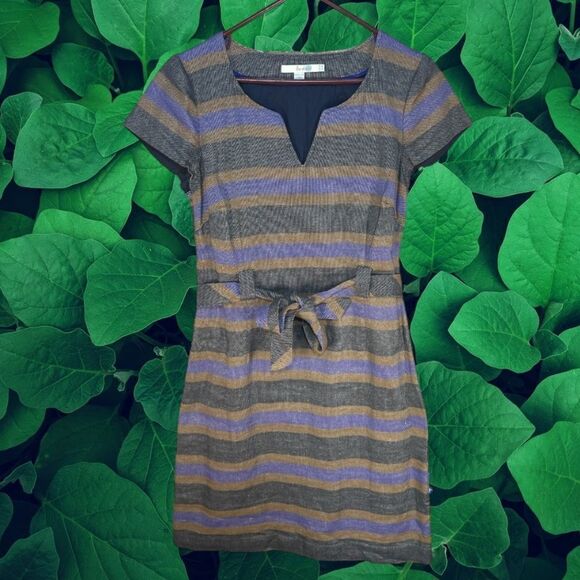 5 for $25🔥Boden Linen Blend Striped Tie Waist Dress Size 8R - Picture 1 of 5